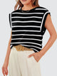 Florira Striped Round Neck Cap Sleeve T-Shirt Black