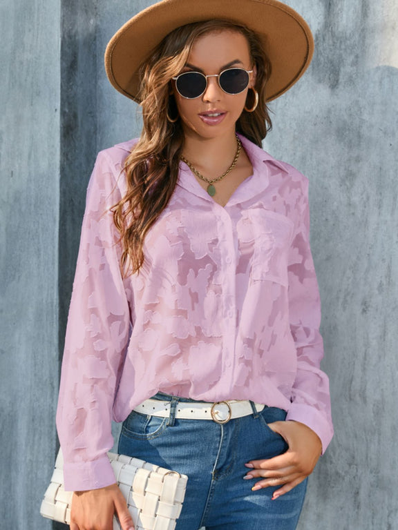 Full Size Collared Neck Long Sleeve Shirt Plus Size Pink Purple