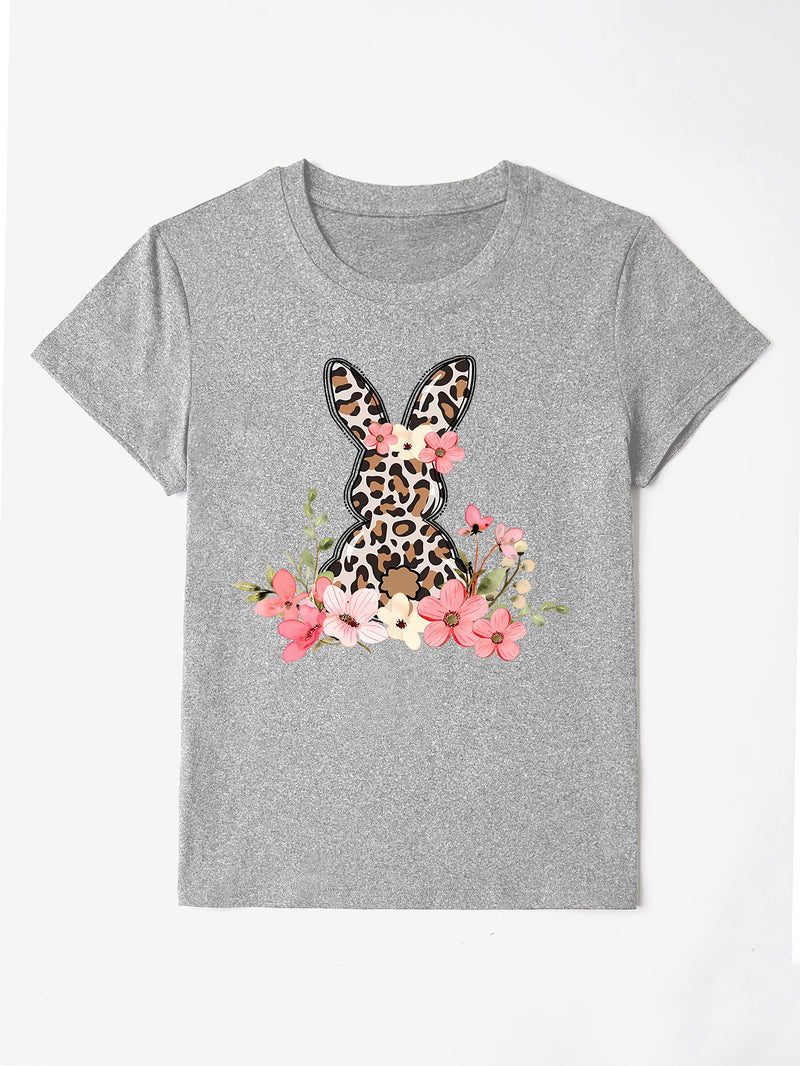 Rabbit Round Neck Short Sleeve T-Shirt Gray