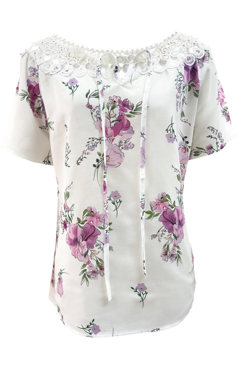 Full Size Printed Tie Neck Short Sleeve Blouse