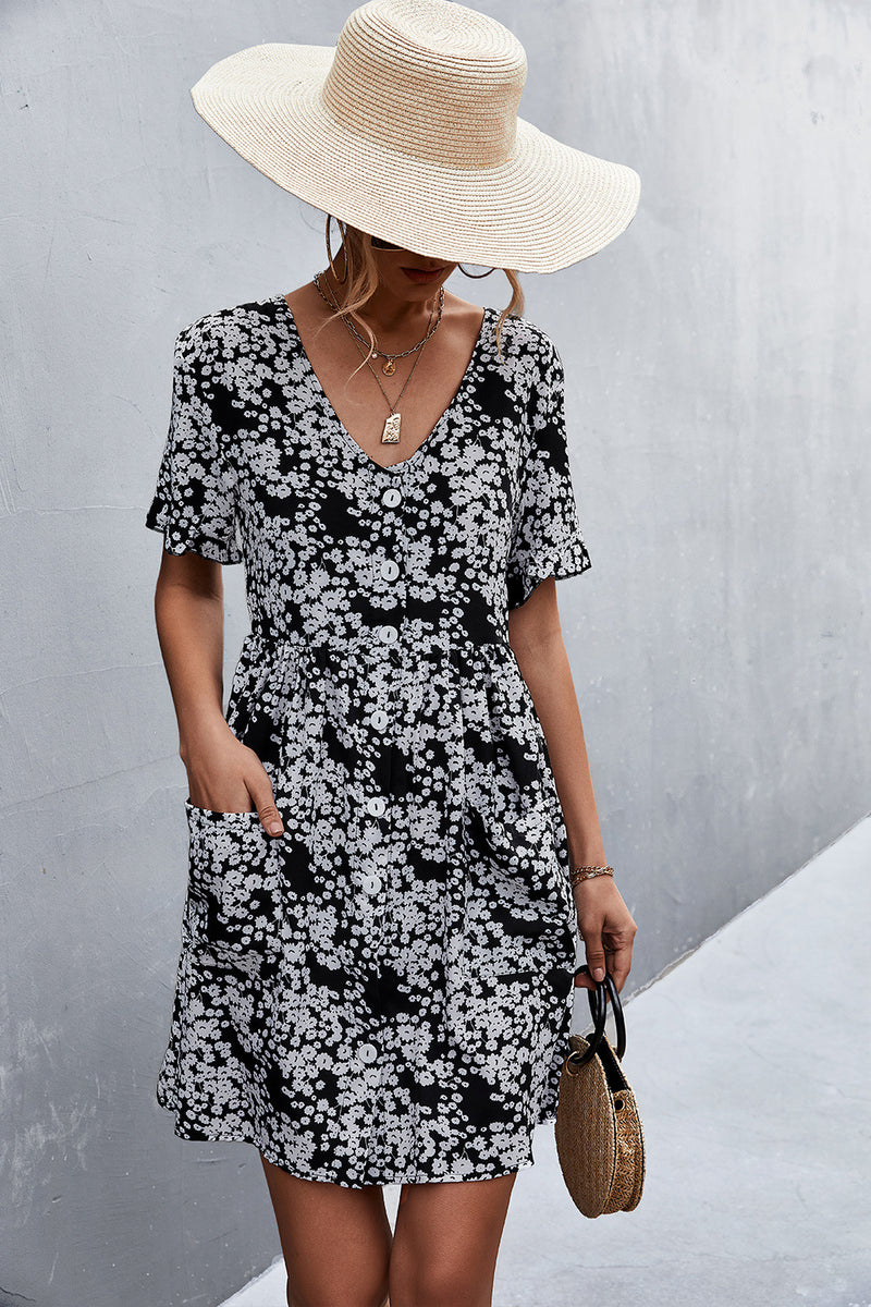 Printed Button down Pocketed Dress Black