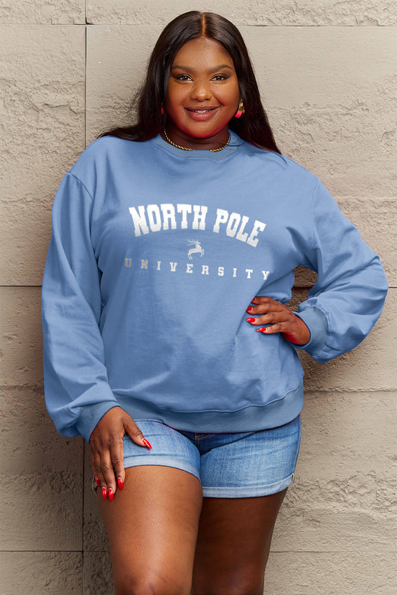 Simply Love Full Size NORTH POLE UNIVERSITY Graphic Sweatshirt Light Blue