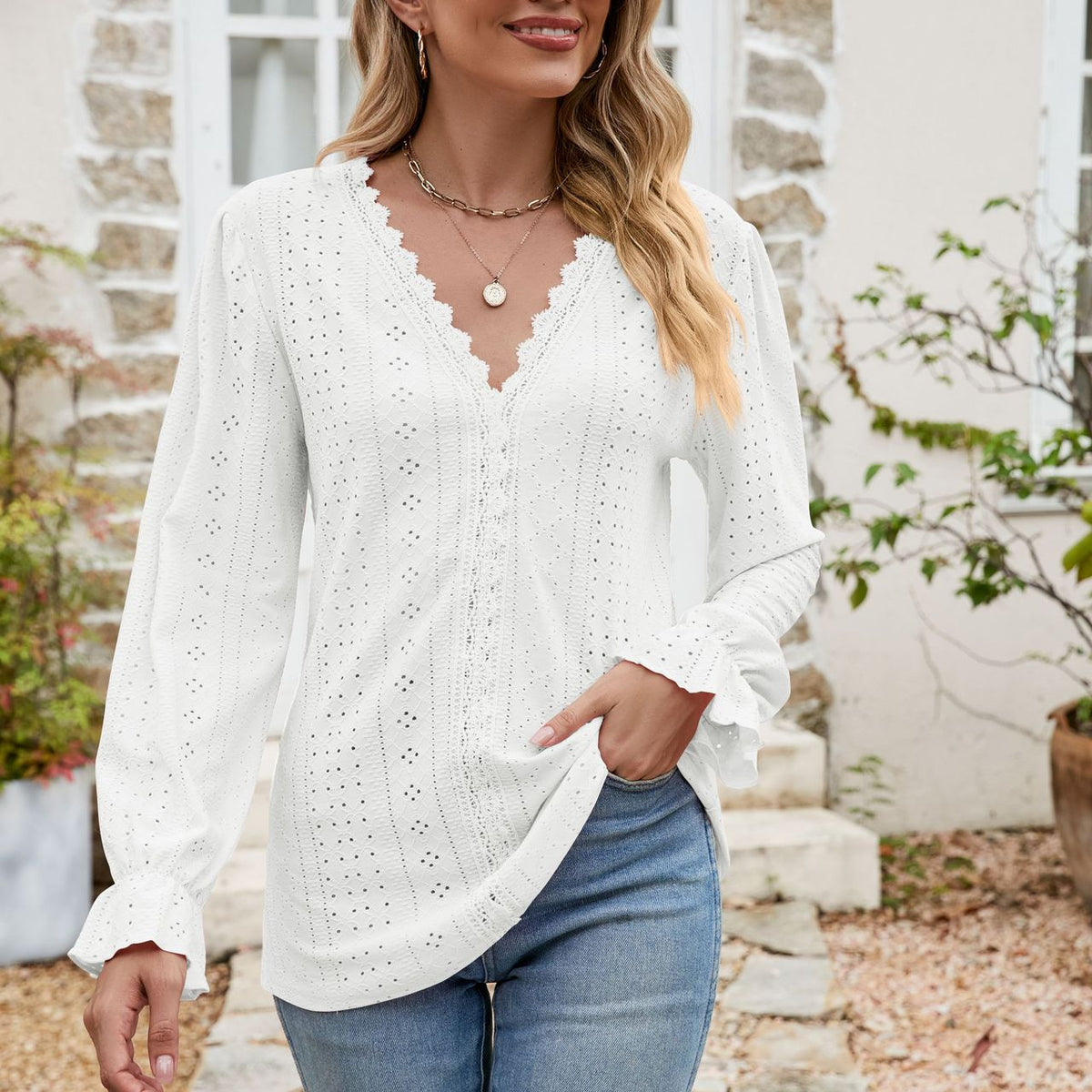 Eyelet Lace Trim Flounce Sleeve Blouse