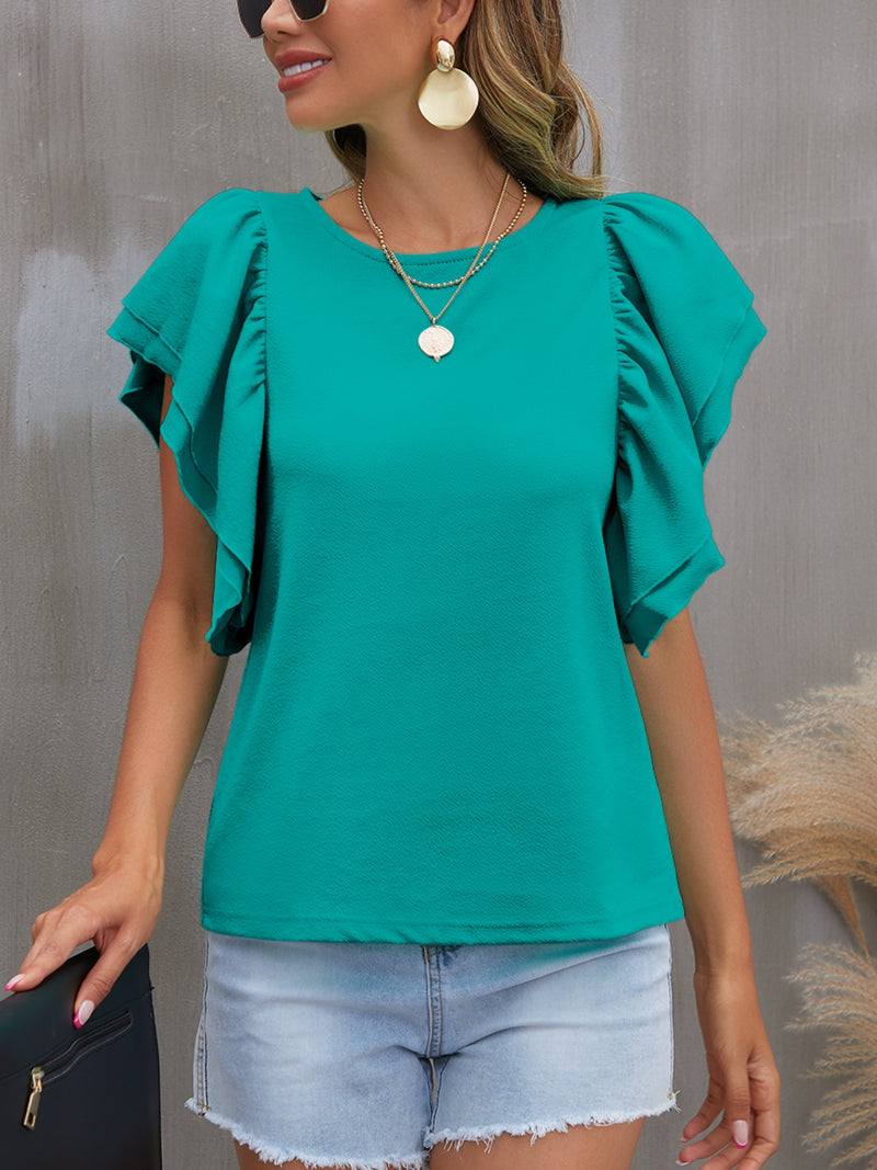 FAM-FAM Round Neck Flounce Sleeve Blouse