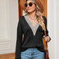 Contrast V-Neck Long Sleeve Blouse