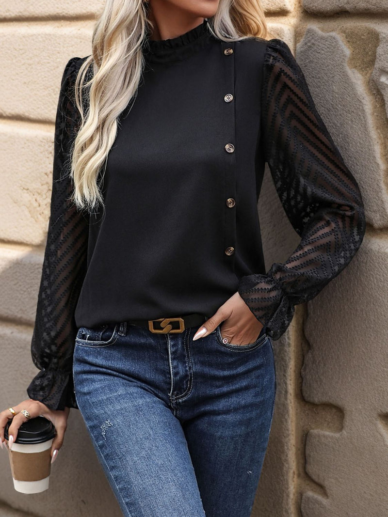 Perfee Mock Neck Flounce Sleeve Blouse Black