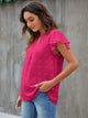 Swiss Dot Notched Cap Sleeve Blouse Hot Pink