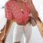 Floral Drawstring Deep V Cropped Blouse