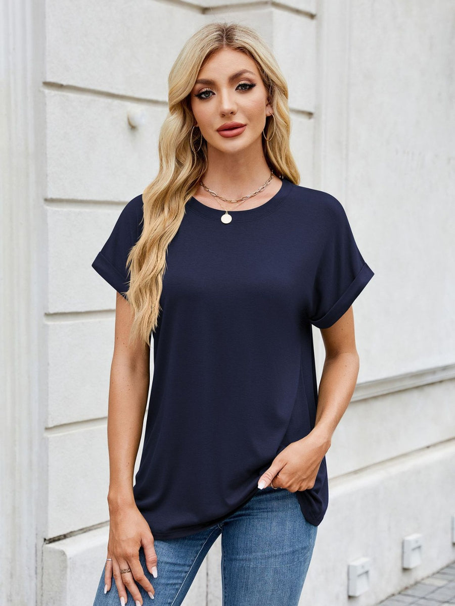 Florira Round Neck Short Sleeve T-Shirt Dark Blue