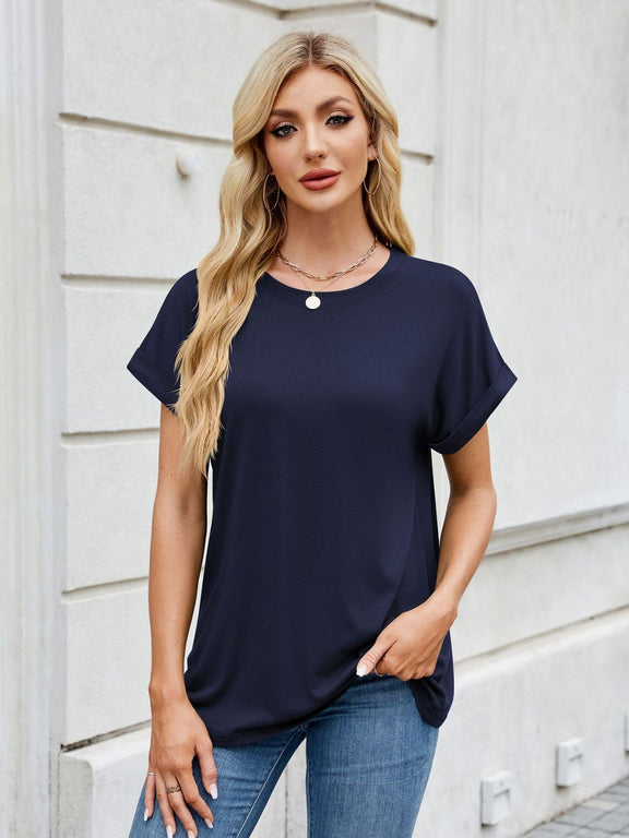 Florira Round Neck Short Sleeve T-Shirt Dark Blue