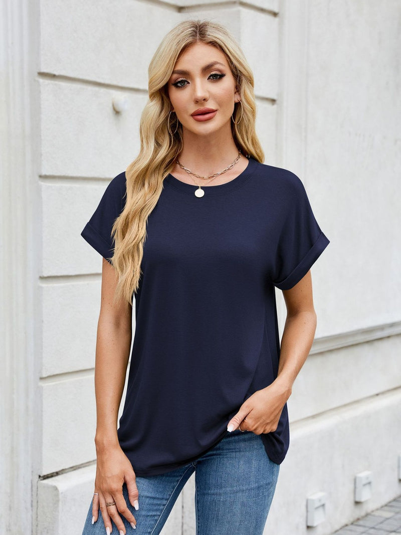 Florira Round Neck Short Sleeve T-Shirt Dark Blue