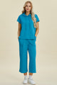 Double Take Full Size Texture Drawstring Short Sleeve Hoodie and Pocketed Pants Set Cerulean