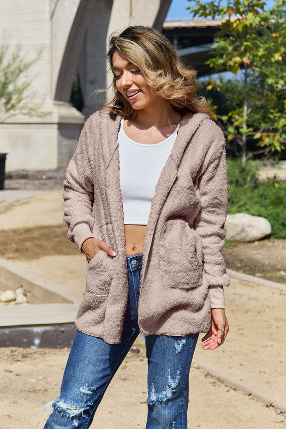 Full Size Teddy Hooded Jacket with Pockets Beige