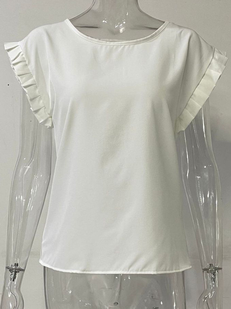 Ruffled Round Neck Cap Sleeve Blouse