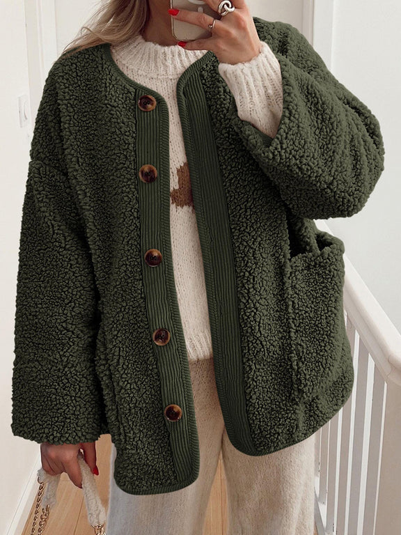 Contrast Button Up Sherpa Jacket with Pockets Black Forest