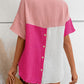 Color Block Johnny Collar Short Sleeve Blouse