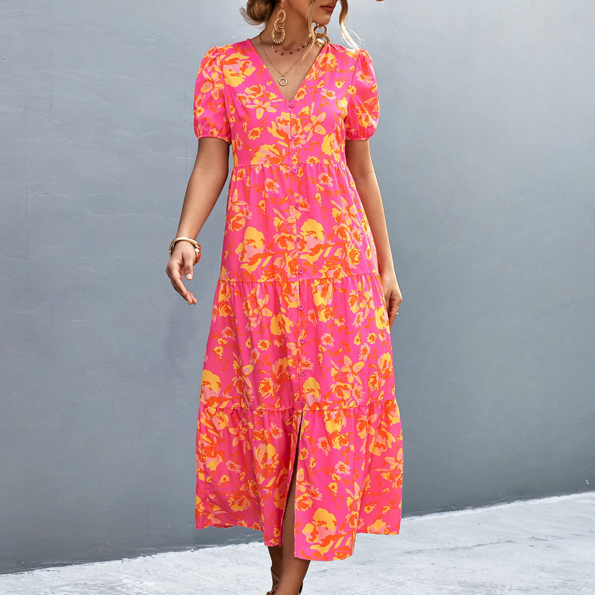 V-Neck Short Sleeve High Slit Midi Dress Hot Pink