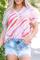 Color Block V-Neck Half Sleeve Blouse Blush Pink