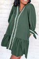 Contrast Ricrac Trim Button V Neck Knotted Bracelet Sleeve Shift Dress Dark Green