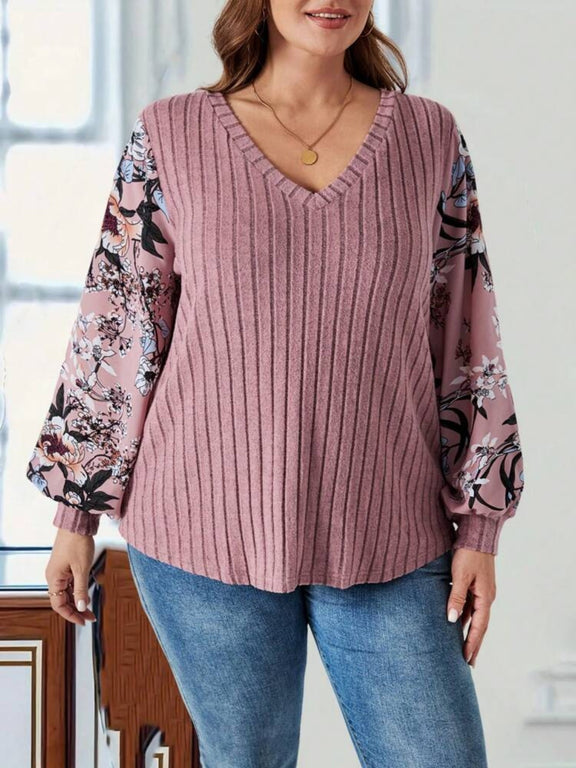 Plus Size Printed V-Neck Long Sleeve T-Shirt Dusty Pink