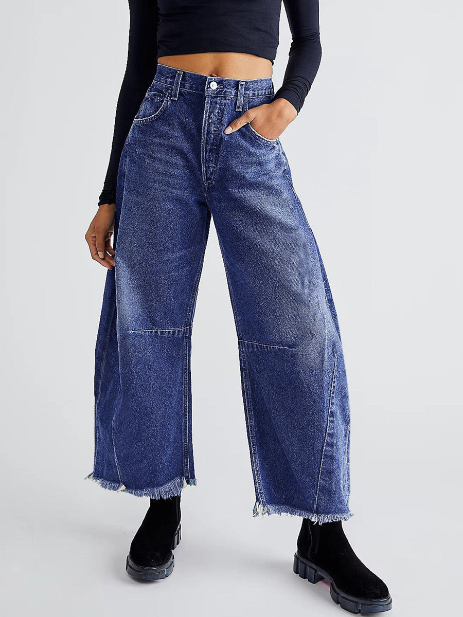 Raw Hem Wide Leg Jeans with Pockets Medium