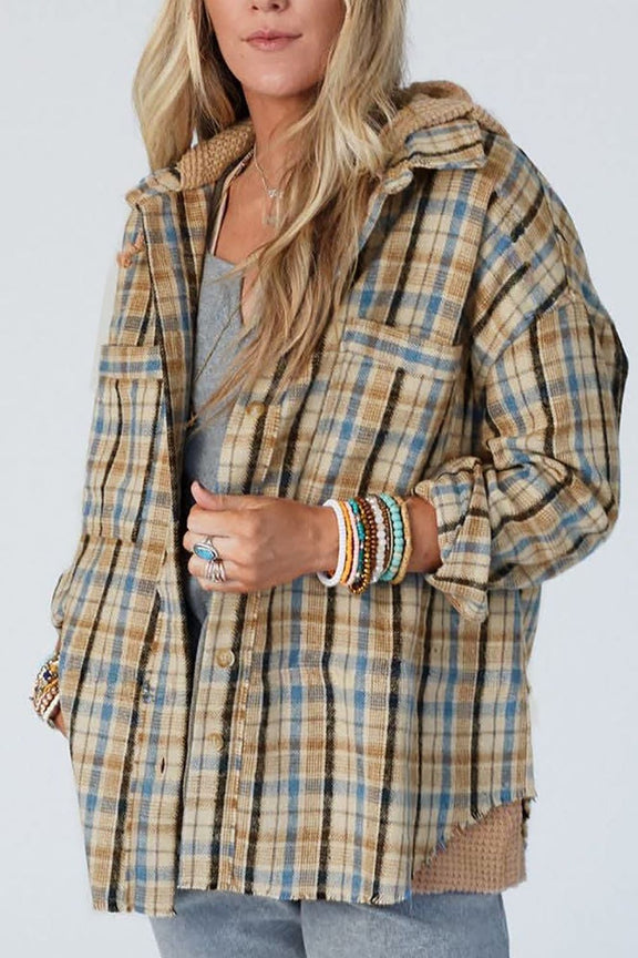 Drawstring Waffle Knit Patchwork Hooded Plaid Shacket Plaid
