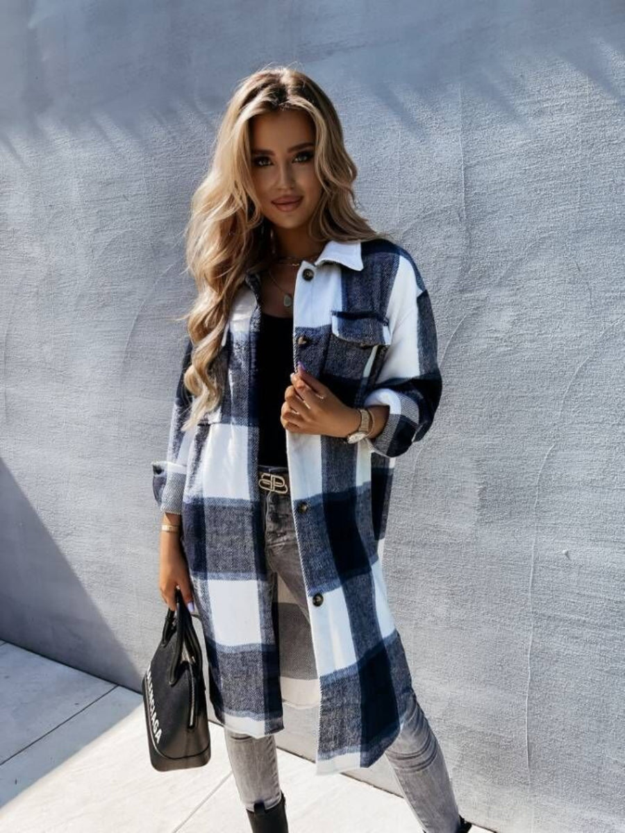 Plaid Collared Neck Longline Shirt Black