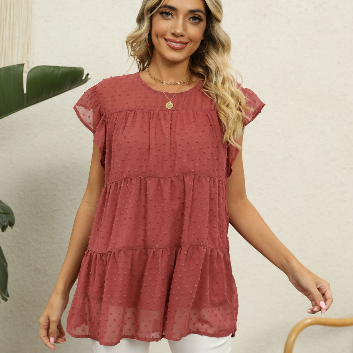 Swiss Dot Round Neck Tiered Blouse Brick Red