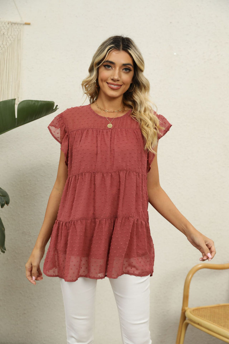 Swiss Dot Round Neck Tiered Blouse Brick Red