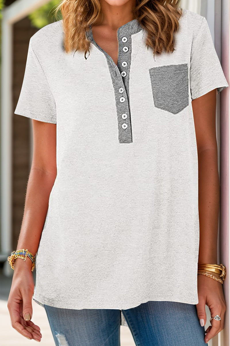 Full Size Half Button Short Sleeve T-Shirt White