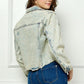 Veveret Multi Color Stripe Rhinestone Raw Hem Denim Jacket