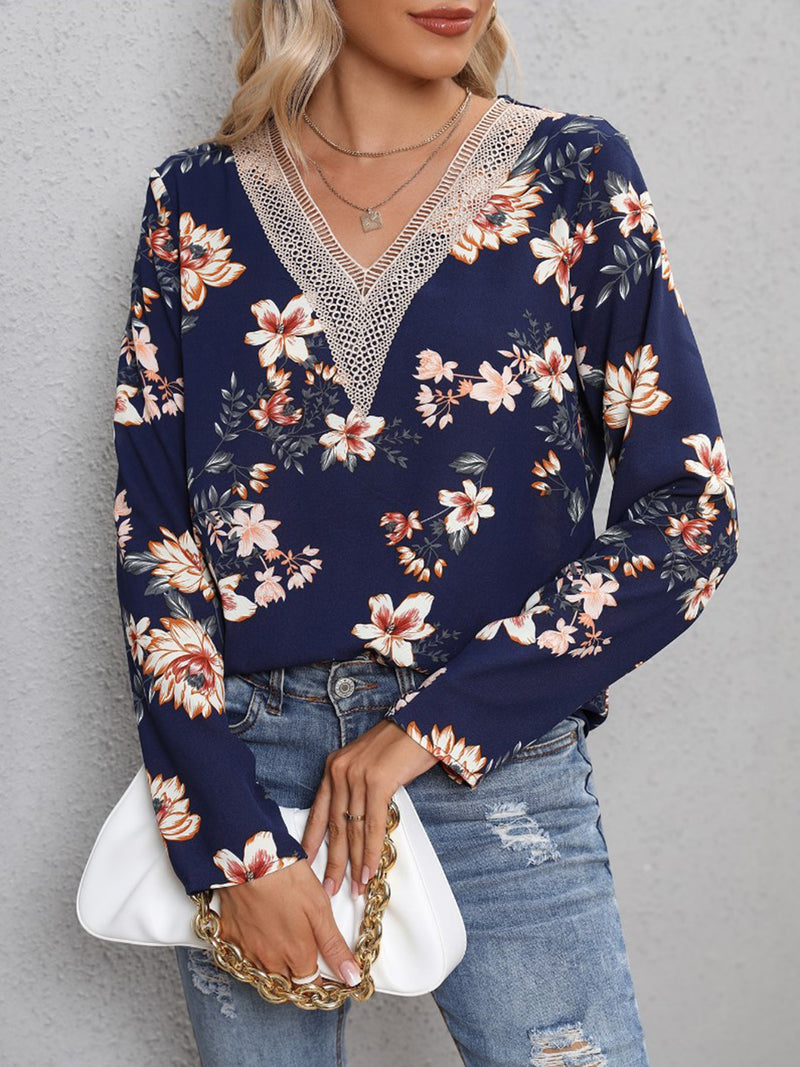 Printed V-Neck Long Sleeve Blouse