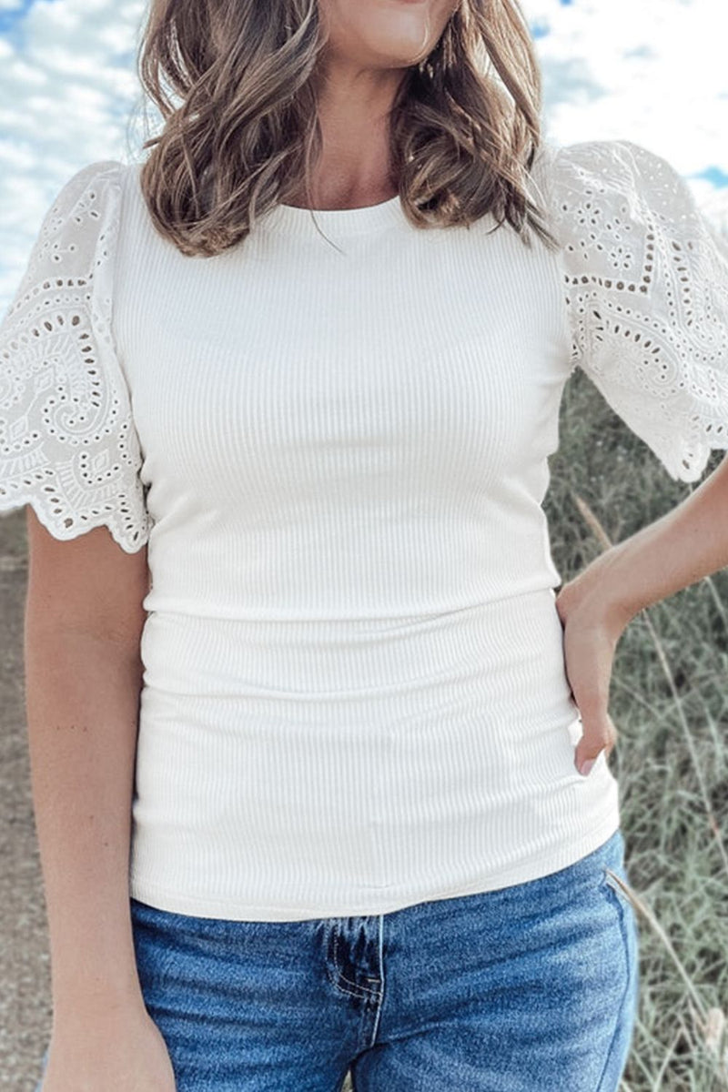 Eyelet Short Sleeve Patchwork Ribbed Top