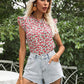 Perfee Ruffled Floral Mock Neck Cap Sleeve Blouse