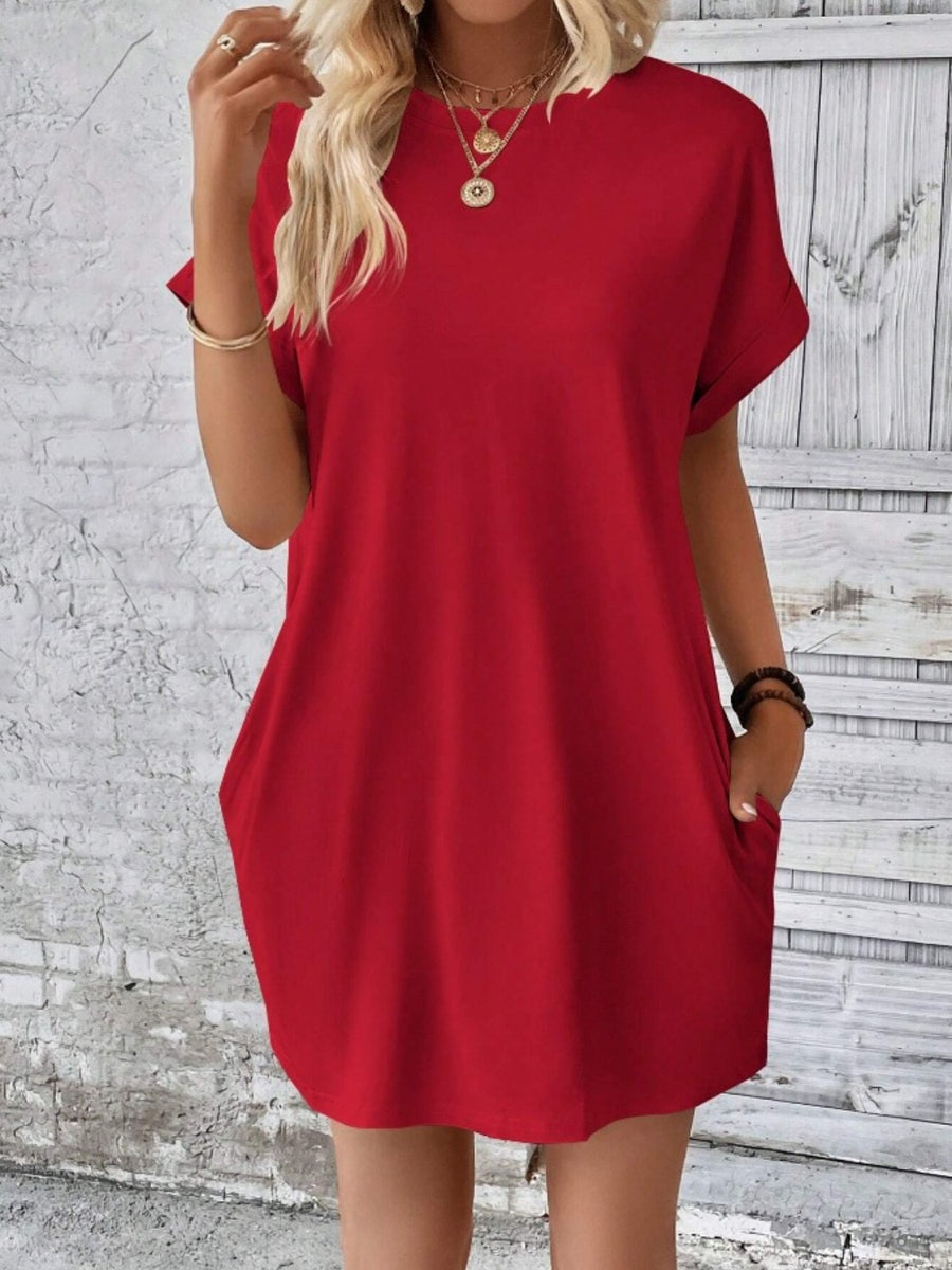 Pocketed Round Neck Short Sleeve Dress Deep Red
