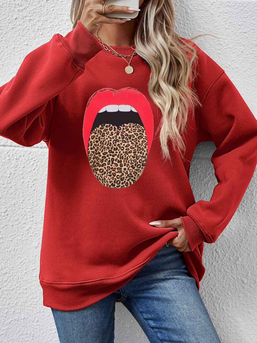 Leopard Lip Graphic Round Neck Sweatshirt Deep Red