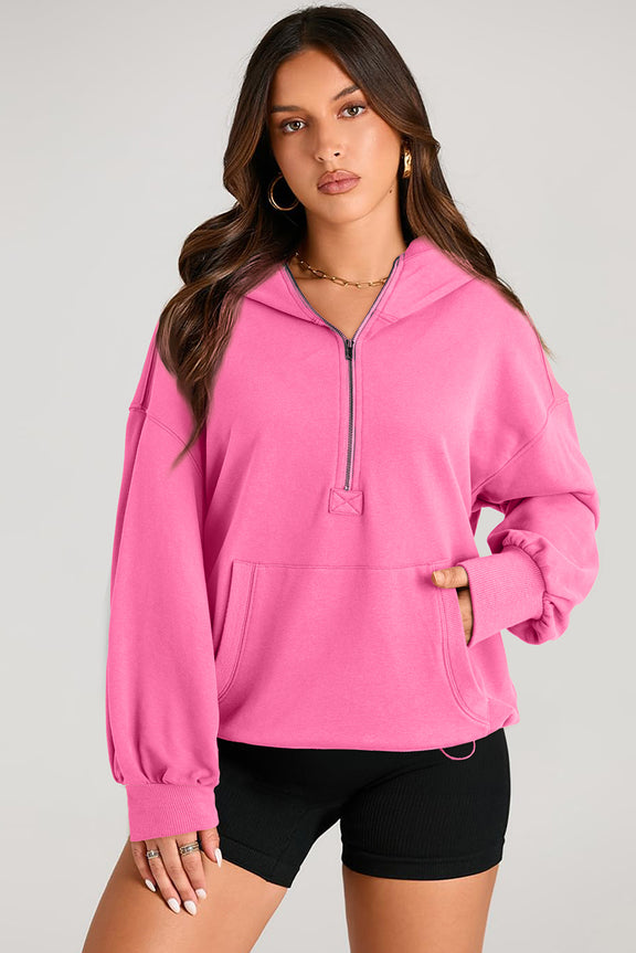 Pocketed Half Zip Long Sleeve Hoodie Fuchsia Pink
