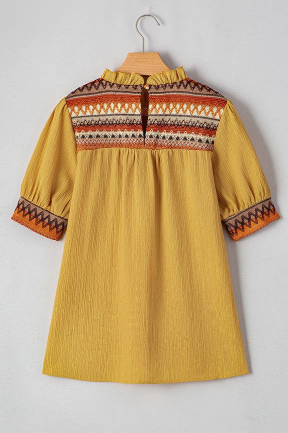 Geometric Frill Mock Neck Short Sleeve Blouse