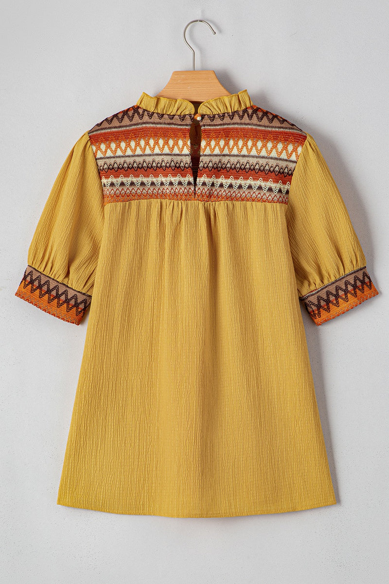 Geometric Frill Mock Neck Short Sleeve Blouse