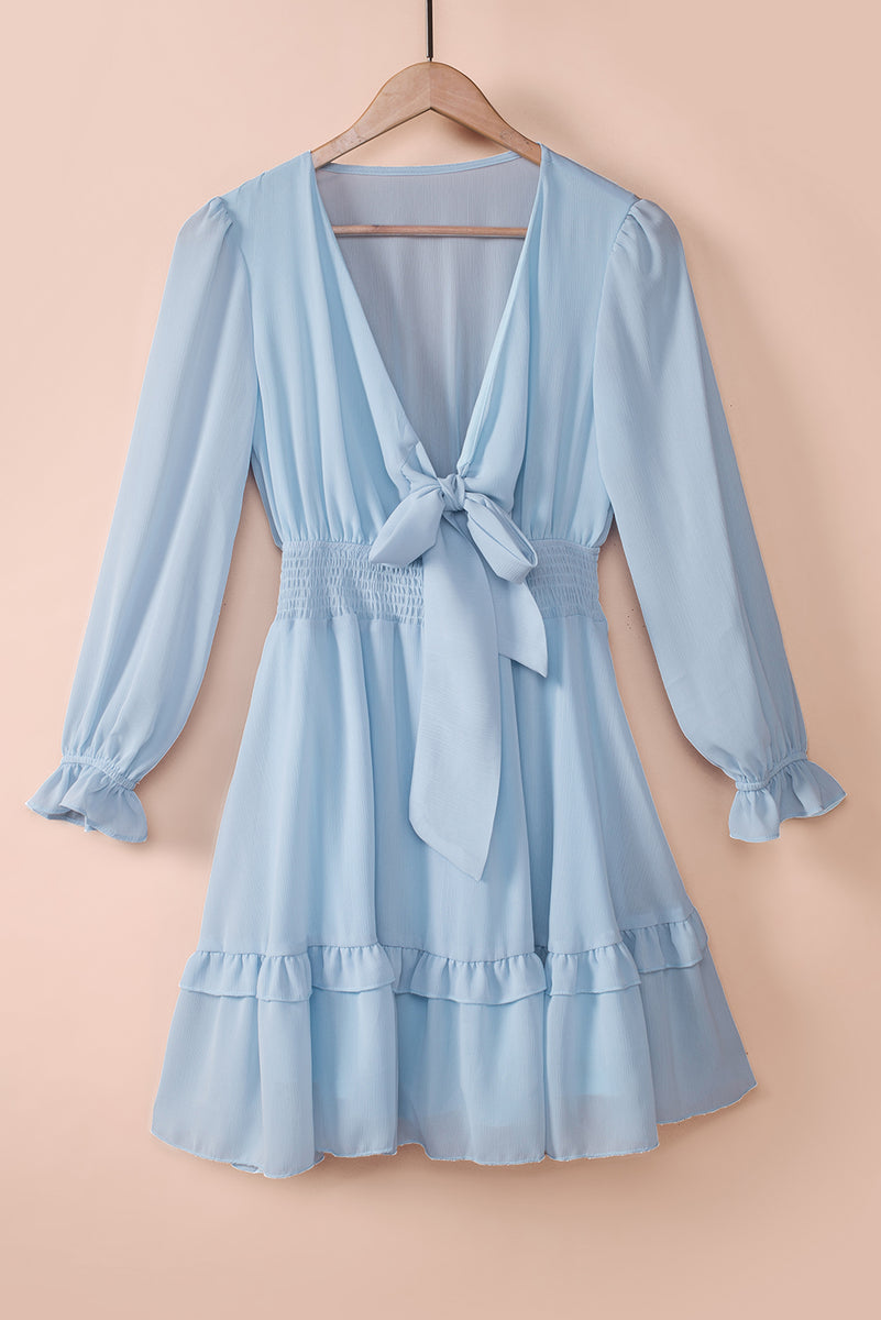 Tied Plunge Smocked Waist Flounce Sleeve Dress Sky Blue