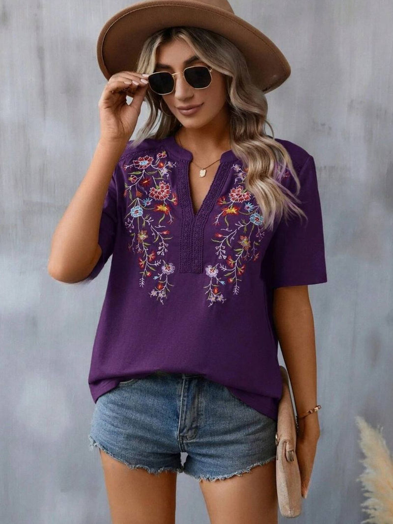 Embroidered Notched Short Sleeve T-Shirt Violet