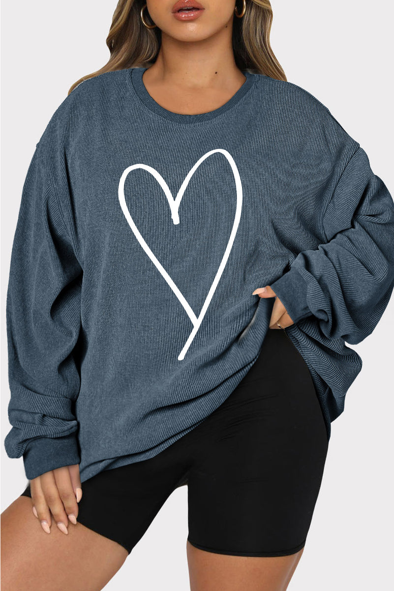 Plus Size Heart Ribbed Round Neck Sweatshirt Deep Teal