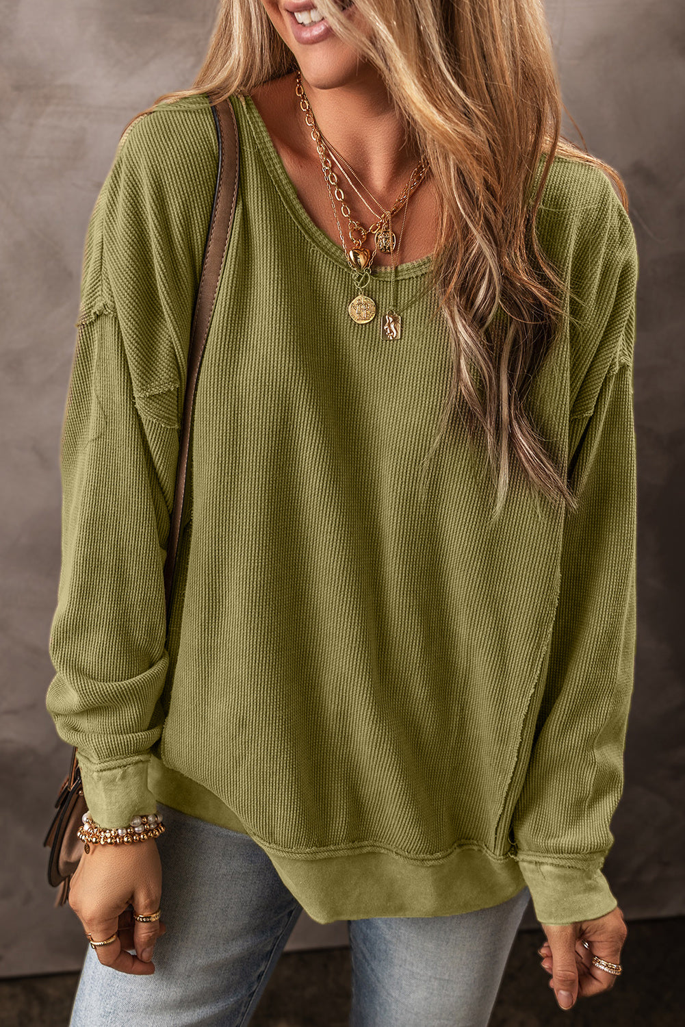 Round Neck Dropped Shoulder Sweatshirt Matcha Green