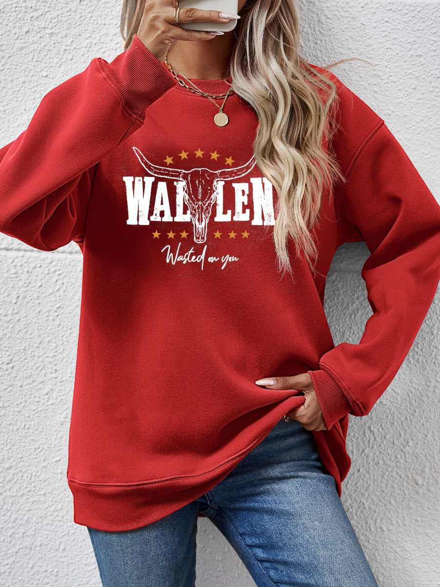Graphic Round Neck Dropped Shoulder Sweatshirt Deep Red
