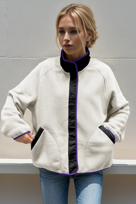 Double Take Snap Down Contrast Fleece Jacket with Pockets Light Gray One Size