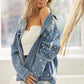 BiBi Pearl Detail Distressed Button Up Denim Jacket