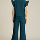 Double Take Full Size Texture Ruffle Short Sleeve Top and Wide Leg Pants Set