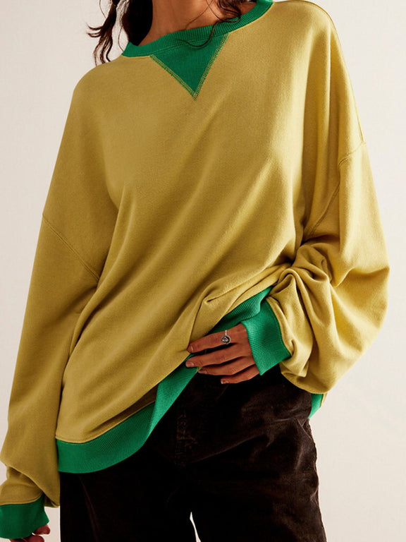 Mandy Contrast Trim Round Neck Long Sleeve Sweatshirt Gold