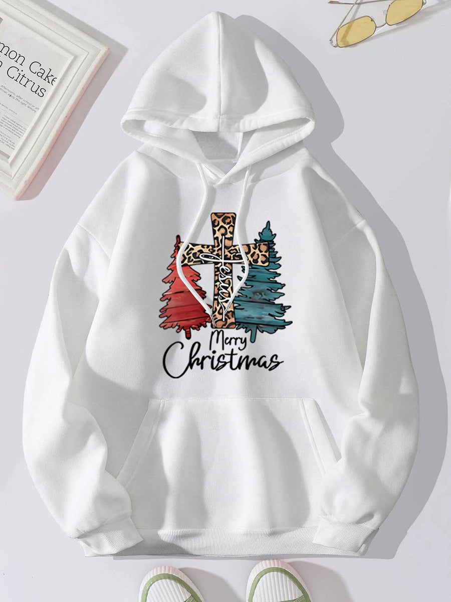 MERRY CHRISTMAS Graphic Drawstring Hoodie White