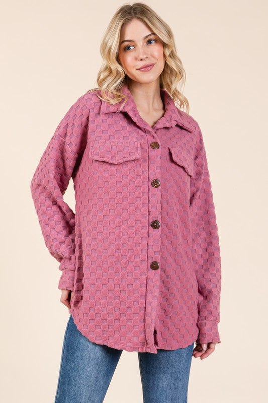 BOMBOM Checkered Button Down Dropped Shoulder Shacket Deep Rose